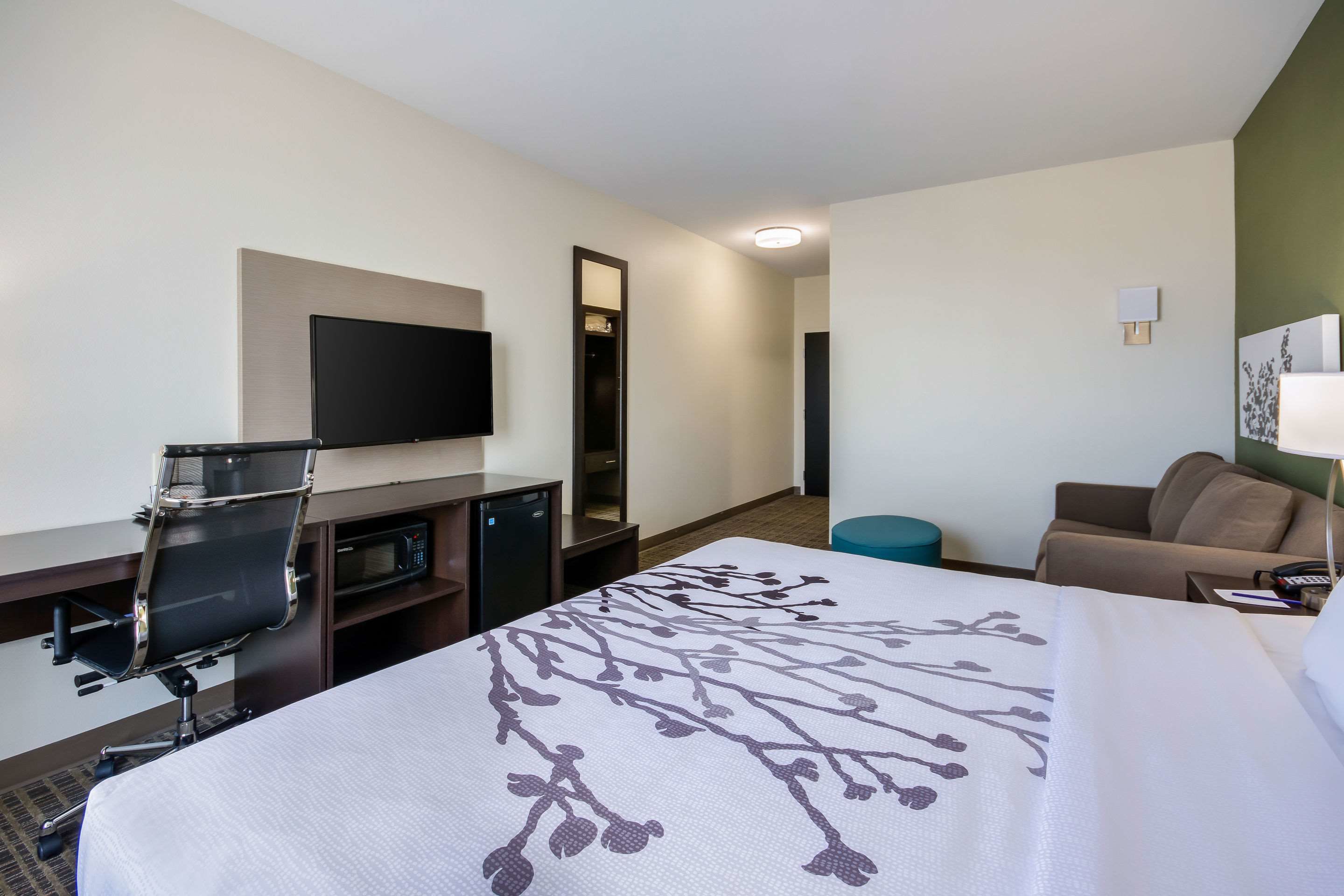 A hotel room with a bed, desk, chair, television, and a mirror.