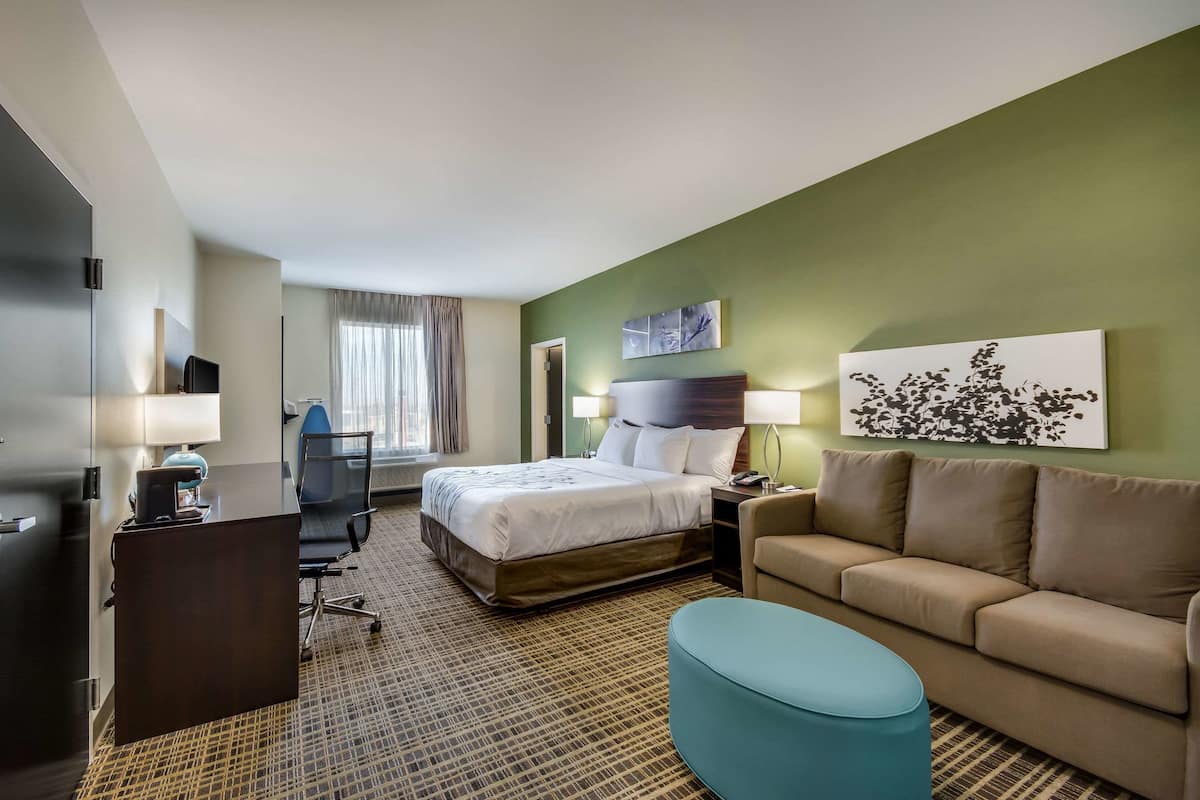 Een hotelkamer met een bed, een bureau, een stoel, een bank en een salontafel.