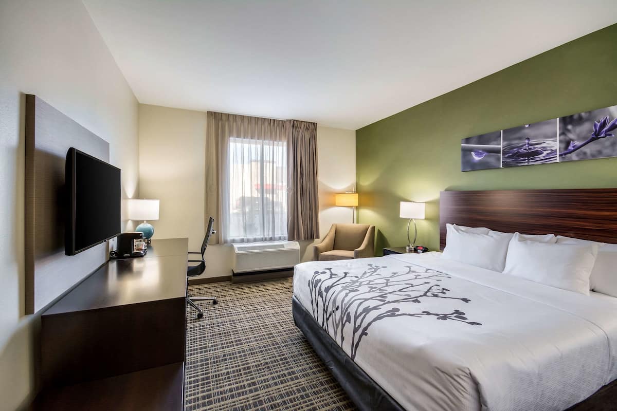 premium bedding, desk, laptop workspace, blackout curtains