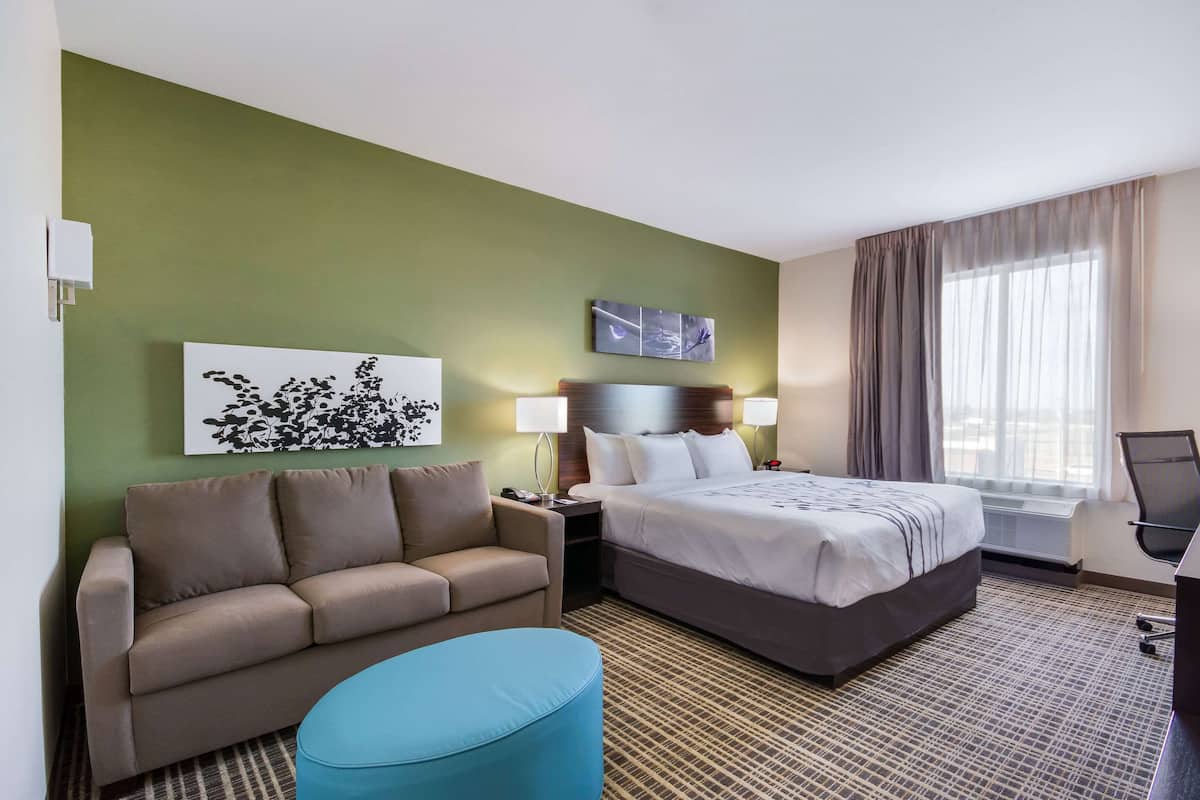 Een hotelkamer met een bed, een sofa, een bureau en een stoel.