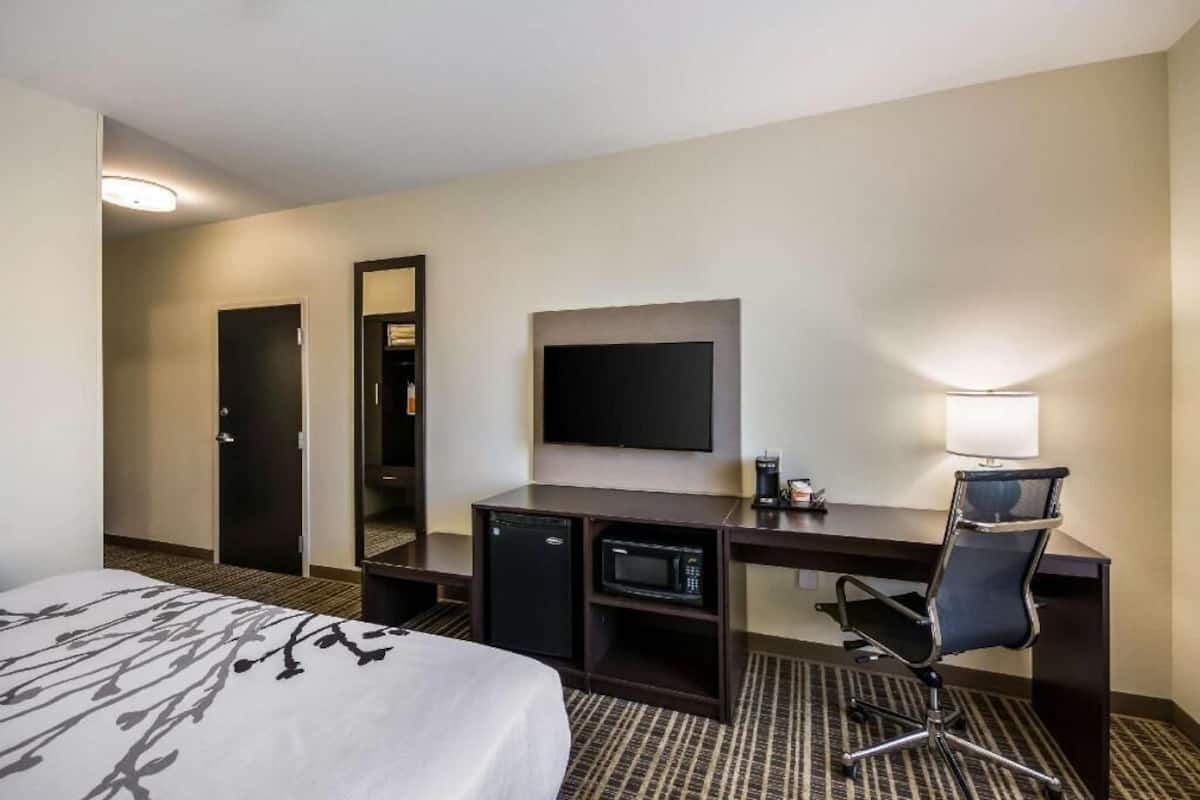 Een hotelkamer met een bed, een bureau met een computer, een magnetron, een televisie en een stoel.
