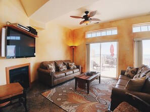 Televisión, chimenea, reproductor de DVD, libros