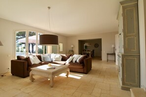 TV, fireplace, music library