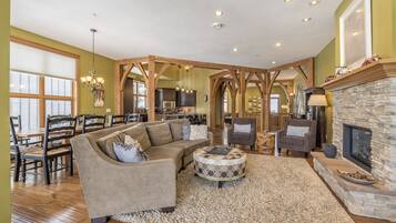 Télévision, cheminée, lecteur de DVD, livres