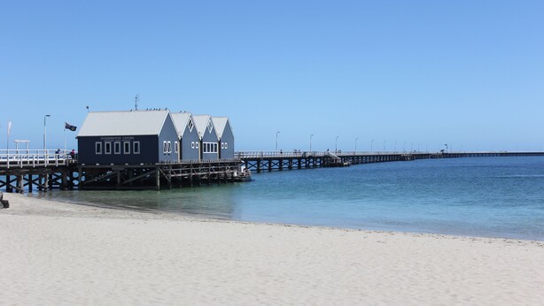A pier extending into the water with a building labeled "INTERPRETIVE CENTRE" at the end. - Busselton Family Holiday House - by the bay (Busselton)