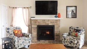 TV, fireplace, books