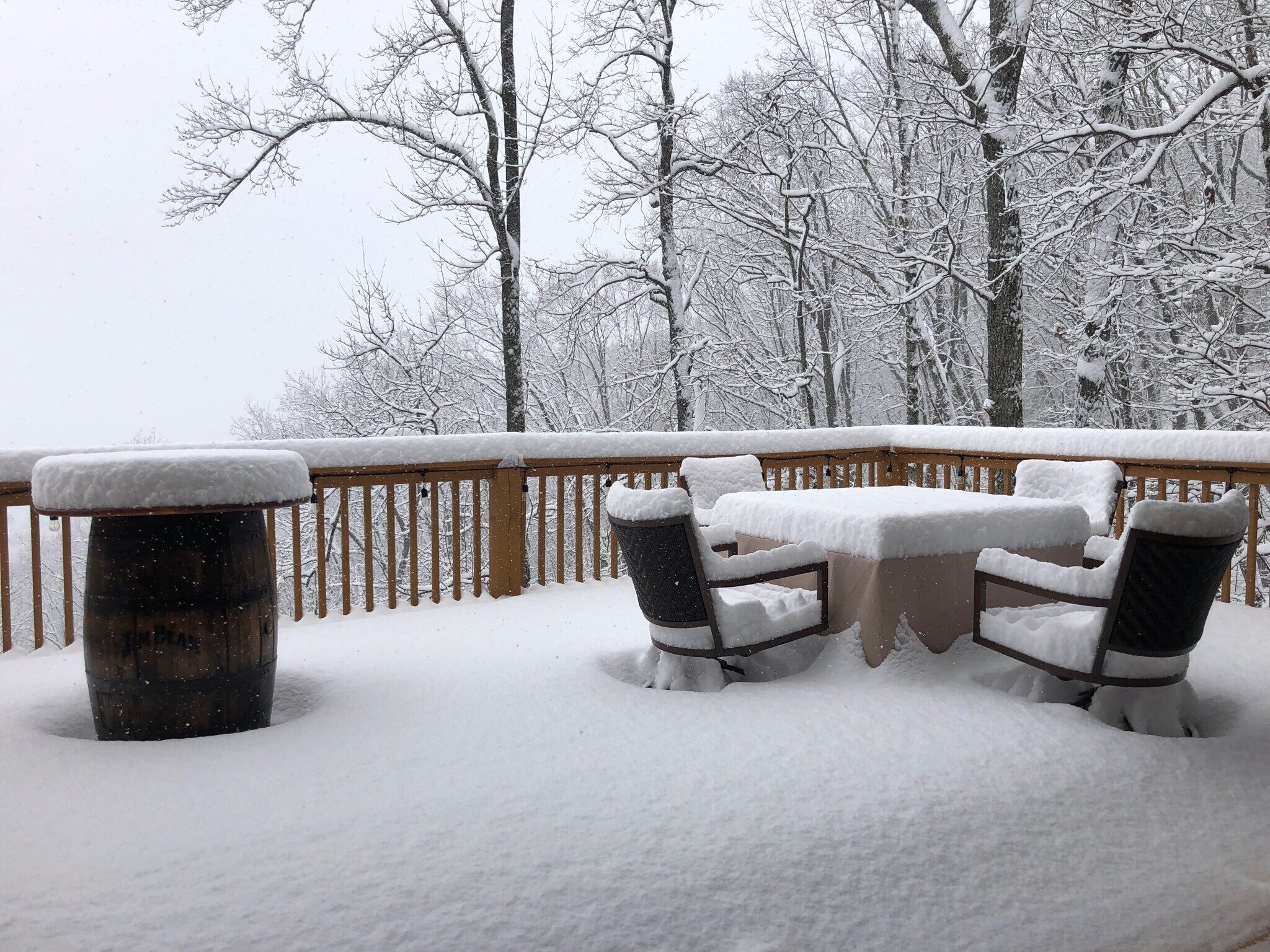 A snow-covered deck with a table and chairs, surrounded by trees.