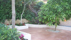 Um pátio com piso de azulejos, cercado por diversas plantas e árvores.