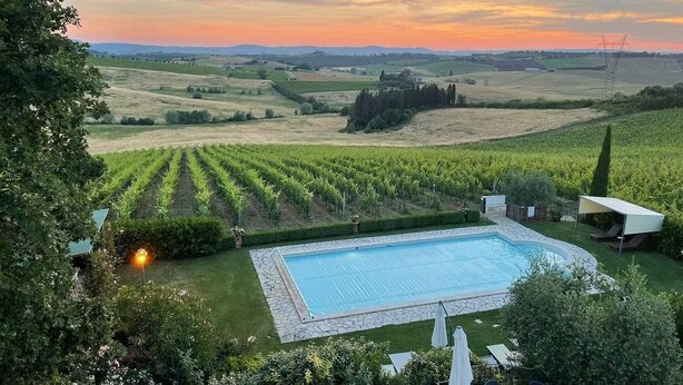 A pool surrounded by a well-maintained garden and vineyard fields, with a clear view of the countryside. - Luxury Villa in Montepulciano - Private Heated Pool, Free WiFi, Magnificent view (Montepulciano)
