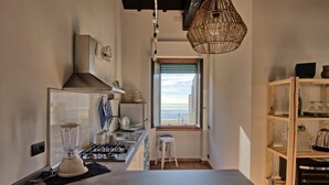 A compact kitchen with a built-in stove, a blender, and a window with a view of the beach.