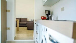 A modern kitchen with a washing machine, a coffee maker, and a bowl of fruit on the counter. - bright apartment fully restored (murano)