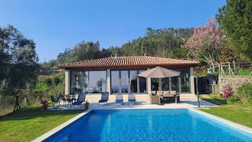 Indoor pool, outdoor pool, pool loungers