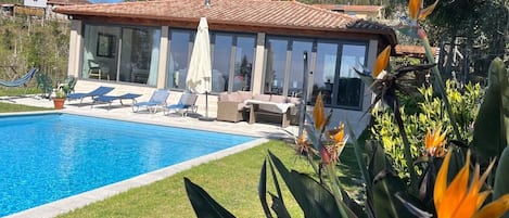 Indoor pool, outdoor pool, pool loungers