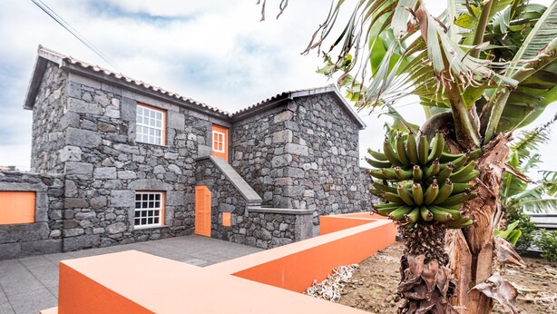 Een gebouw van steen met oranje deuren en ramen, een trap en een bananenboom op de voorgrond.