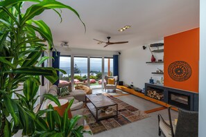 Smart TV, fireplace, books, stereo