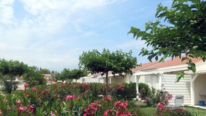 Un jardín con flores rosadas y un edificio blanco con techo rojo.