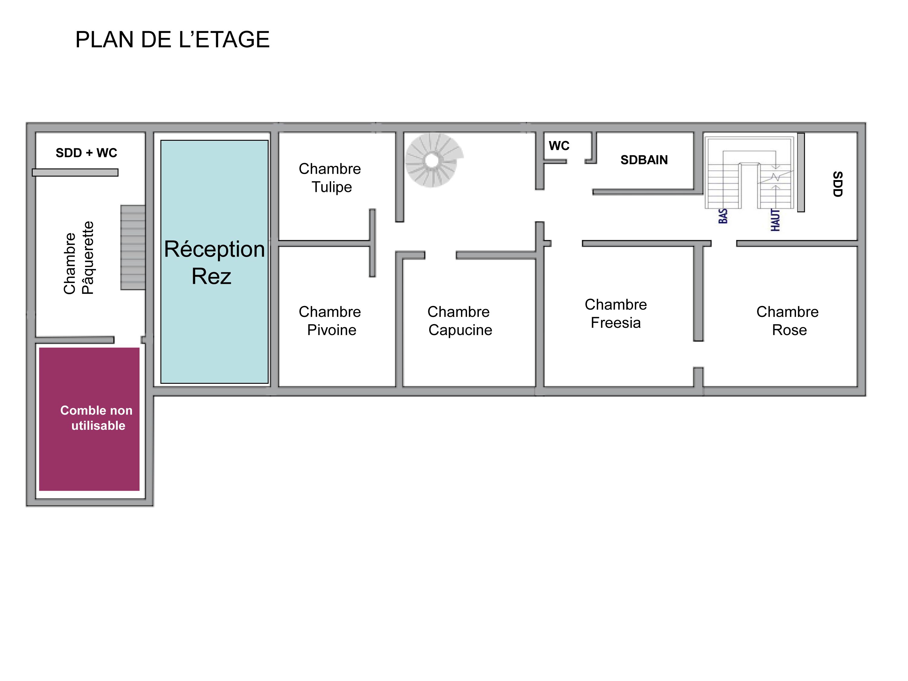A hotel floor plan with a reception area, multiple bedrooms, a non-usable room, and a bathroom.