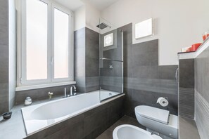 Ensemble douche/baignoire, sèche-cheveux, bidet, serviettes fournies