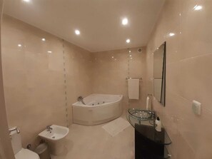 Bathtub, bidet, towels