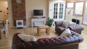 Een woonkamer met een open haard, een televisie op een houten standaard, een bank met kussens en een eethoek met stoelen.
