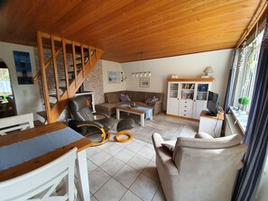 Fernseher, Kamin, DVD-Player, BĂŒcher
