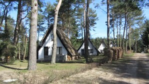 Une rangée de cabanes blanches aux toits de chaume, entourées de grands pins.