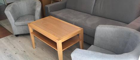 Un saló amb un sofà gris, un armari de relaxació gris i una taula de centre de fusta.