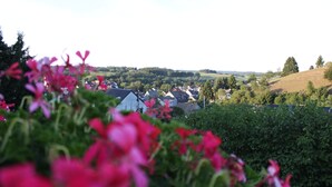 A rural landscape with houses, greenery, and pink flowers in the foreground. - Very nice apartment with a large sun terrace (Stadtkyll)