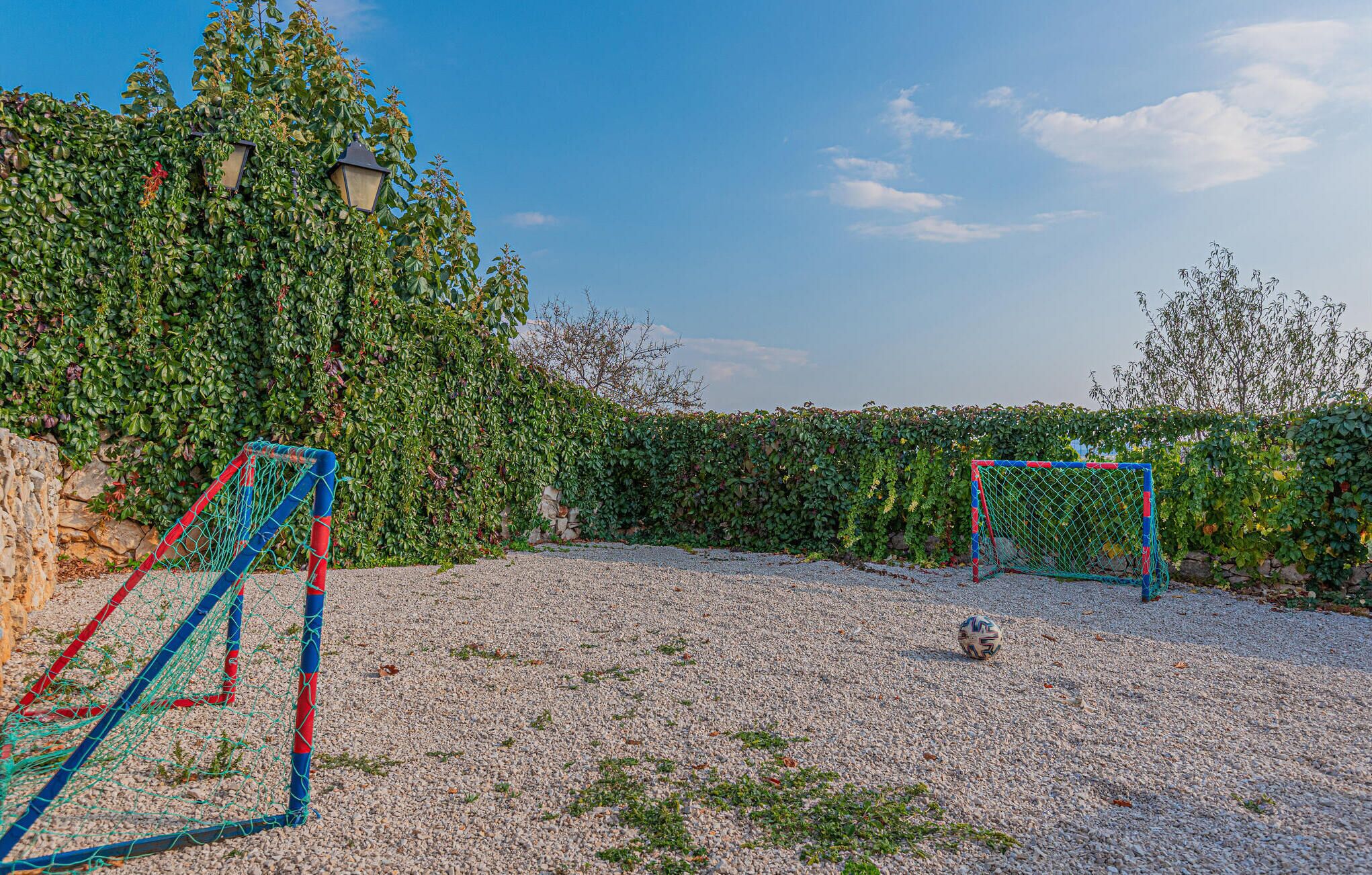 Zona de portería de fútbol al aire libre con portería, pelota y seto en el fondo.