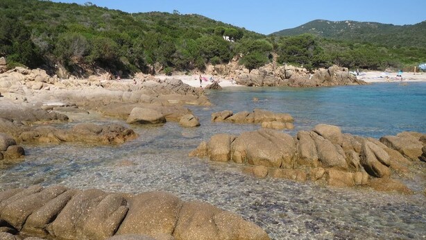 A rocky beach with clear water, a sandy shore, and a green hillside in the background.