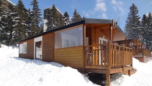 A wooden cabin with a deck, surrounded by snow and trees. - CHALET DES CIMES CHAMROUSSE / 3* TOURIST HOUSE / NEAR THE SLOPES (Chamrousse)