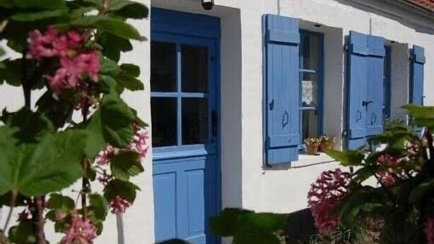 Un edificio blanco con contraventanas azules y una puerta, rodeado de follaje.