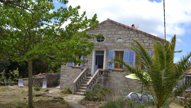 A stone house with a staircase leading to the entrance, surrounded by greenery and outdoor seating. - TYPICAL VILLAGE HOUSE CORSE  (Levie)
