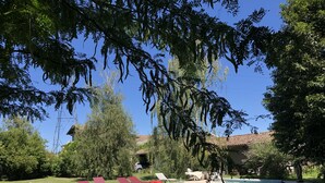 A pool area with lounge chairs and a clear blue sky. - CHARTER OF YESTERYEAR (Sainte-Eulalie)
