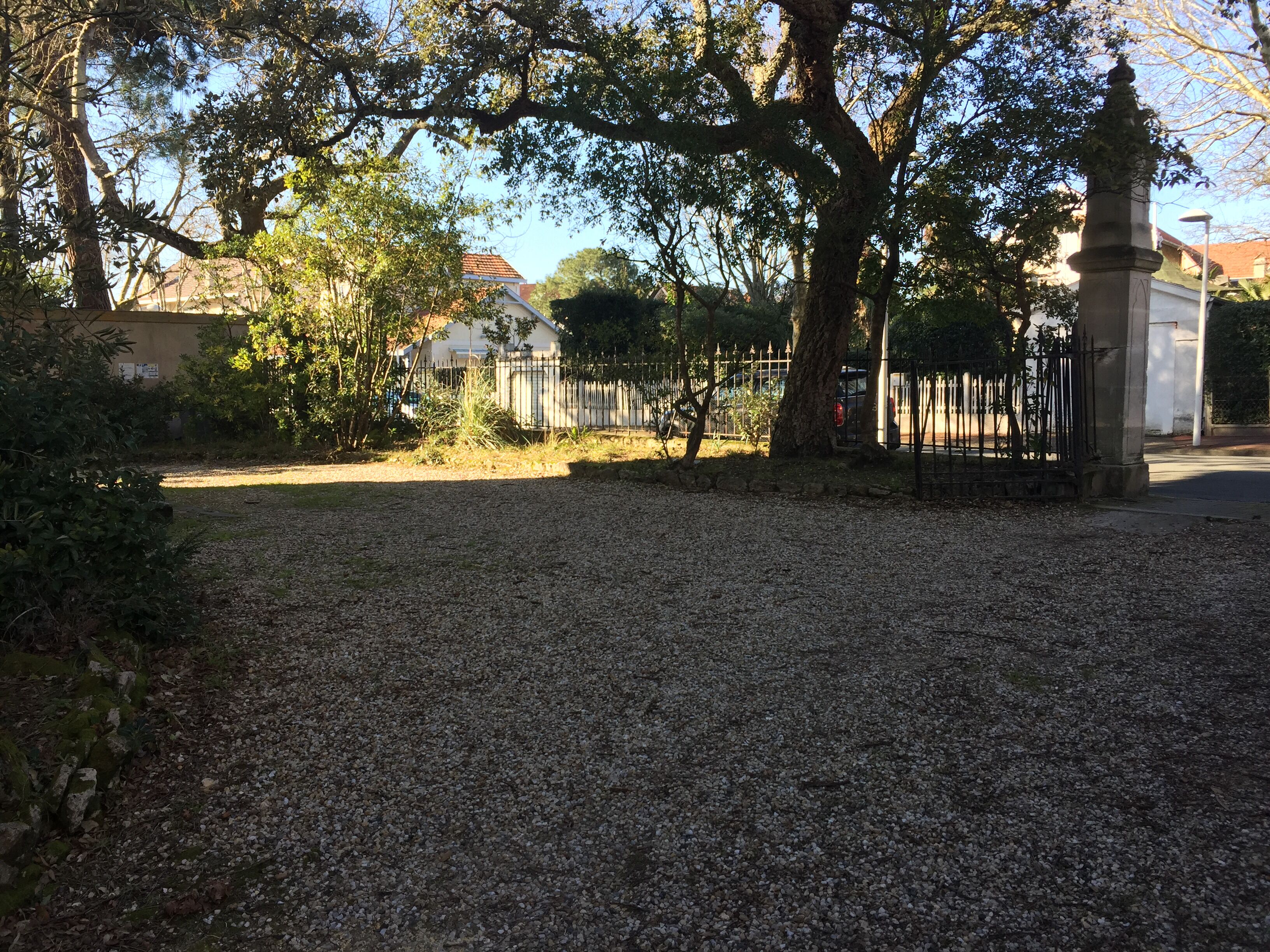 A gravel driveway leading to a gated area with trees and a fence.