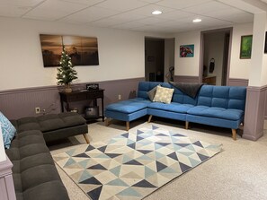 Smart TV, fireplace, DVD player, foosball