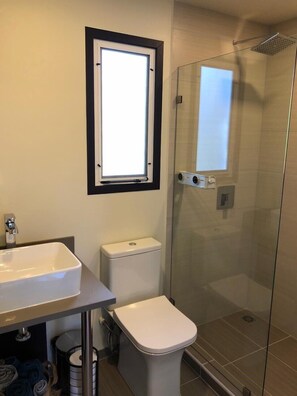 Douche, serviettes fournies, savon, shampoing