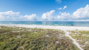 A beach with a clear sky and ocean. - One NITE  MINIMUM  5 steps off deck onto beach; 10 steps out front door to pool. (Panama City Beach)