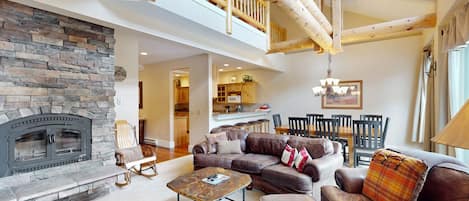 TV, fireplace, DVD player, books