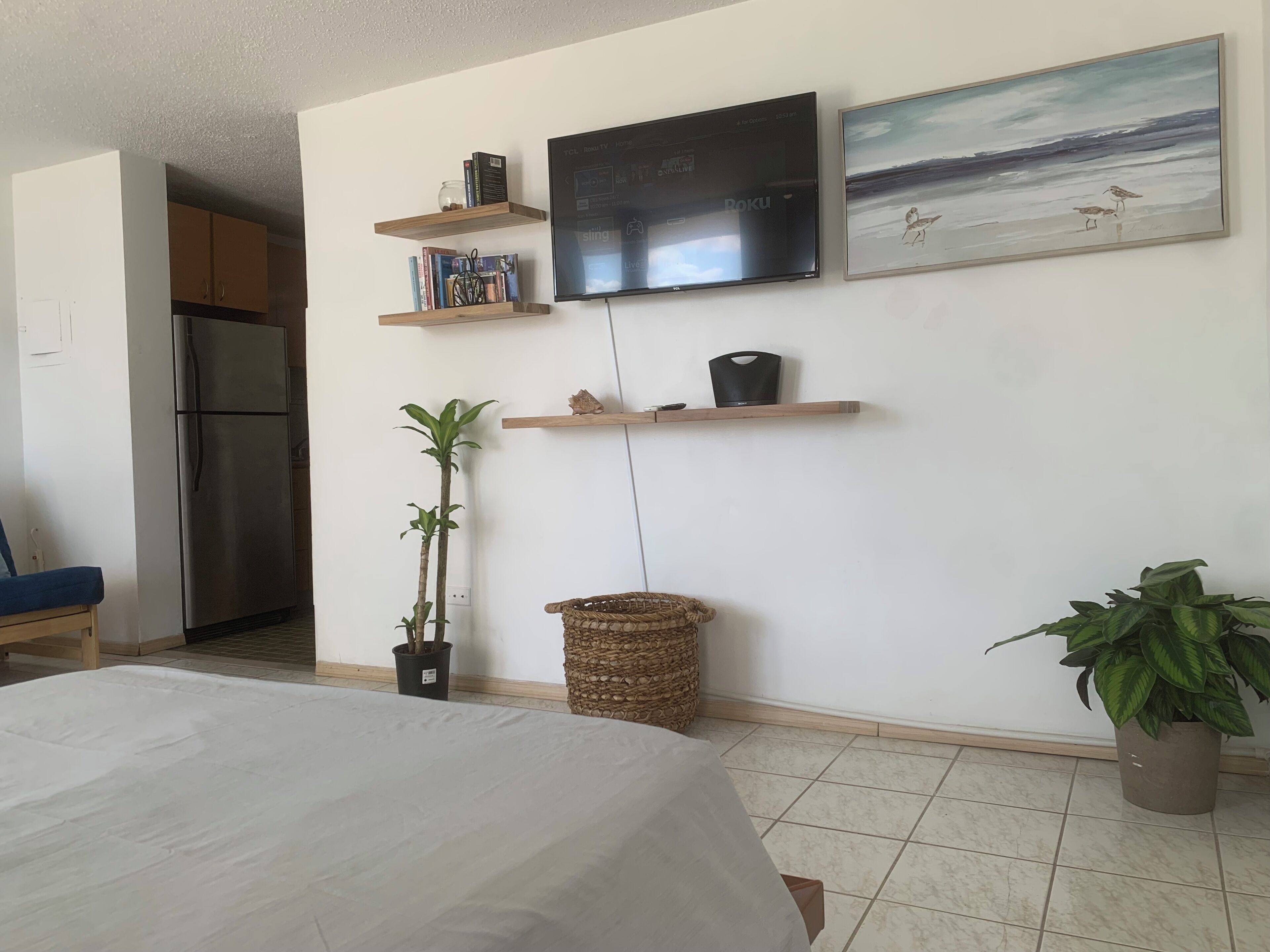 A modern living room with a flat-screen TV, wooden shelves, a potted plant, and a bed.