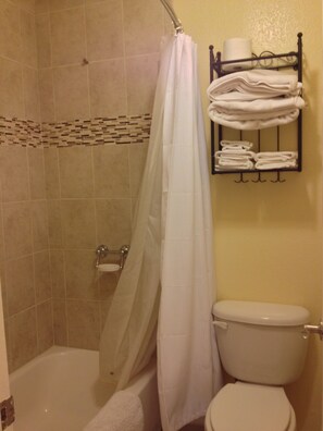 Modern bathroom with a shower, toilet, and towel rack.
