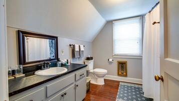 Hair dryer, towels, soap, shampoo