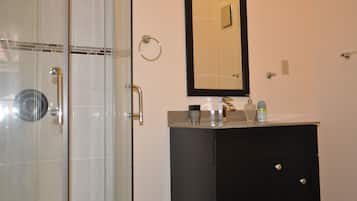 Combined shower/tub, hair dryer, towels, soap