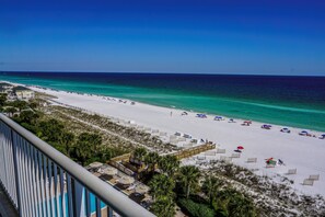 On the beach, sun loungers, beach towels