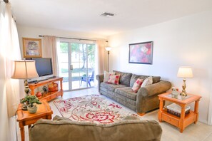TV, DVD player, books, stereo