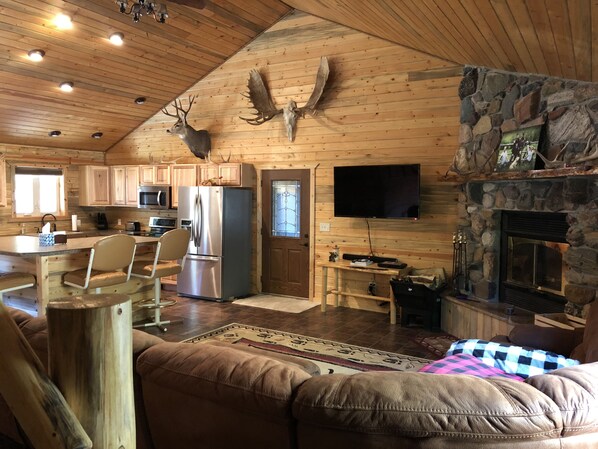 Smart TV, fireplace, books, stereo