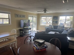 Smart TV, fireplace, books
