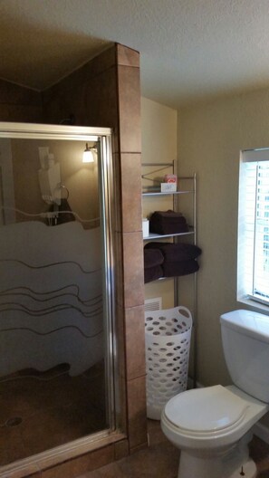Combined shower/bathtub, hair dryer, towels