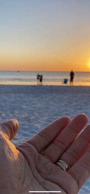 On the beach, sun-loungers, beach towels