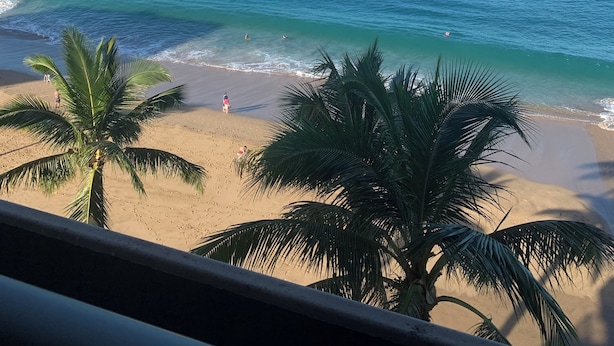 Une plage avec plusieurs voiliers sur l’eau et des palmiers au premier plan.